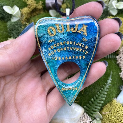 Blue Ouija Planchette Necklace. Ouija board jewelry. Fluid paint necklace. Occult necklace. Ouija pendant. Spring jewelry. - image2